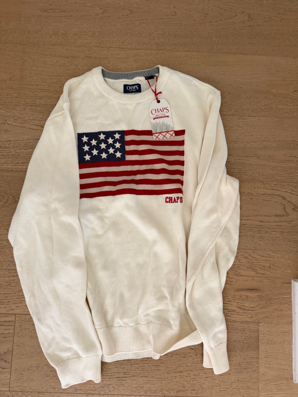 Chaps Cream Sweater with Red and Blue Flag Motif